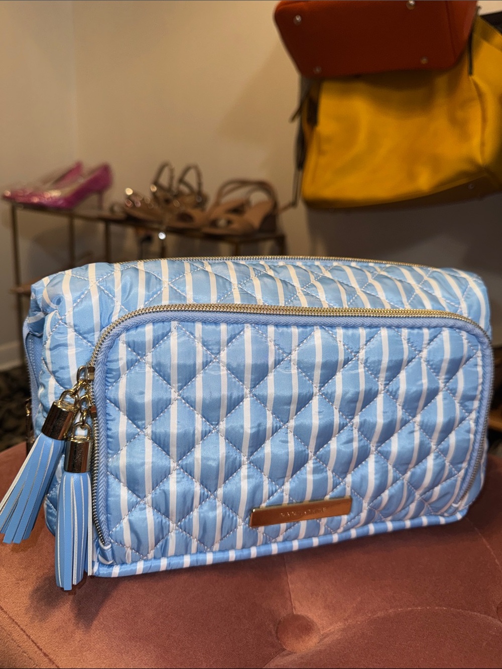 BRAND NEW!! Striped Quilted Light Blue Women's Cosmetic Pouch